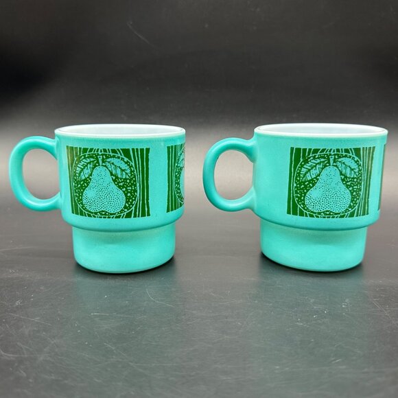 Vintage Milk Glass Mugs Hazel Atlas Teal Green Stacking Fruit Cherry Pear Apple - Picture 4 of 12